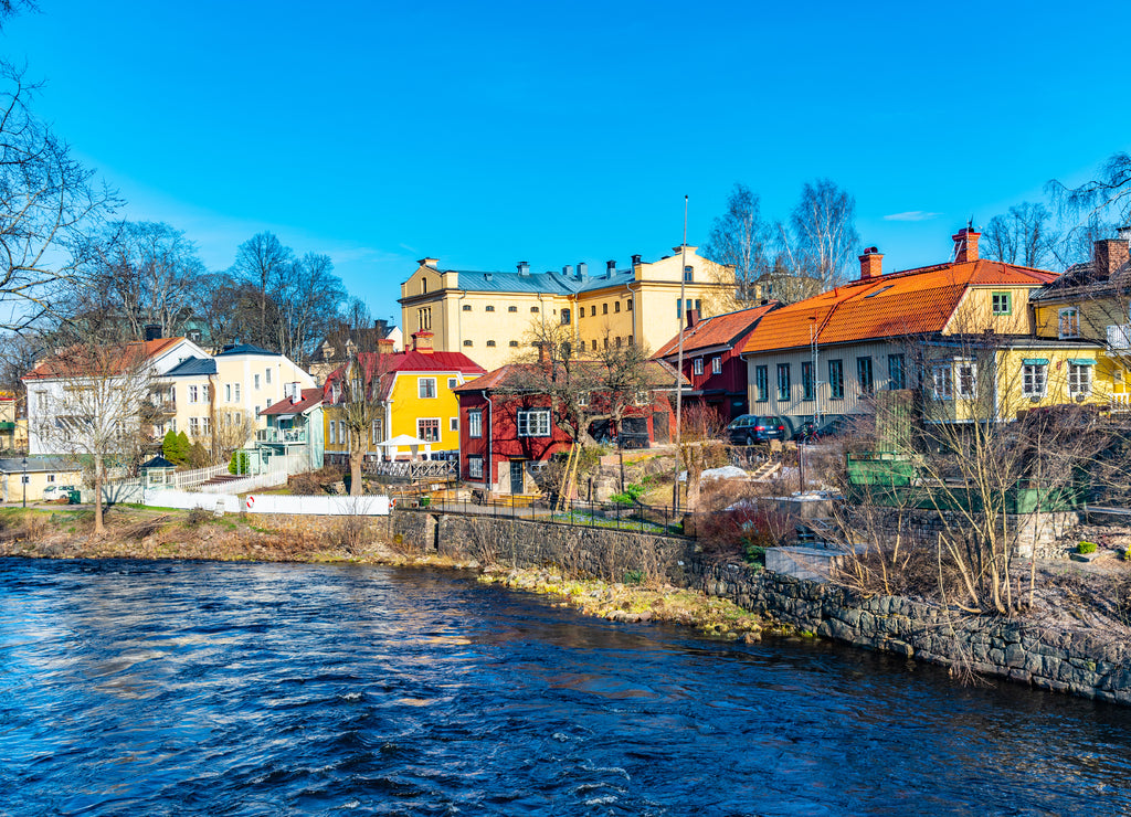 Residential buildings alongside river Gavlean in Gavle, Sweden