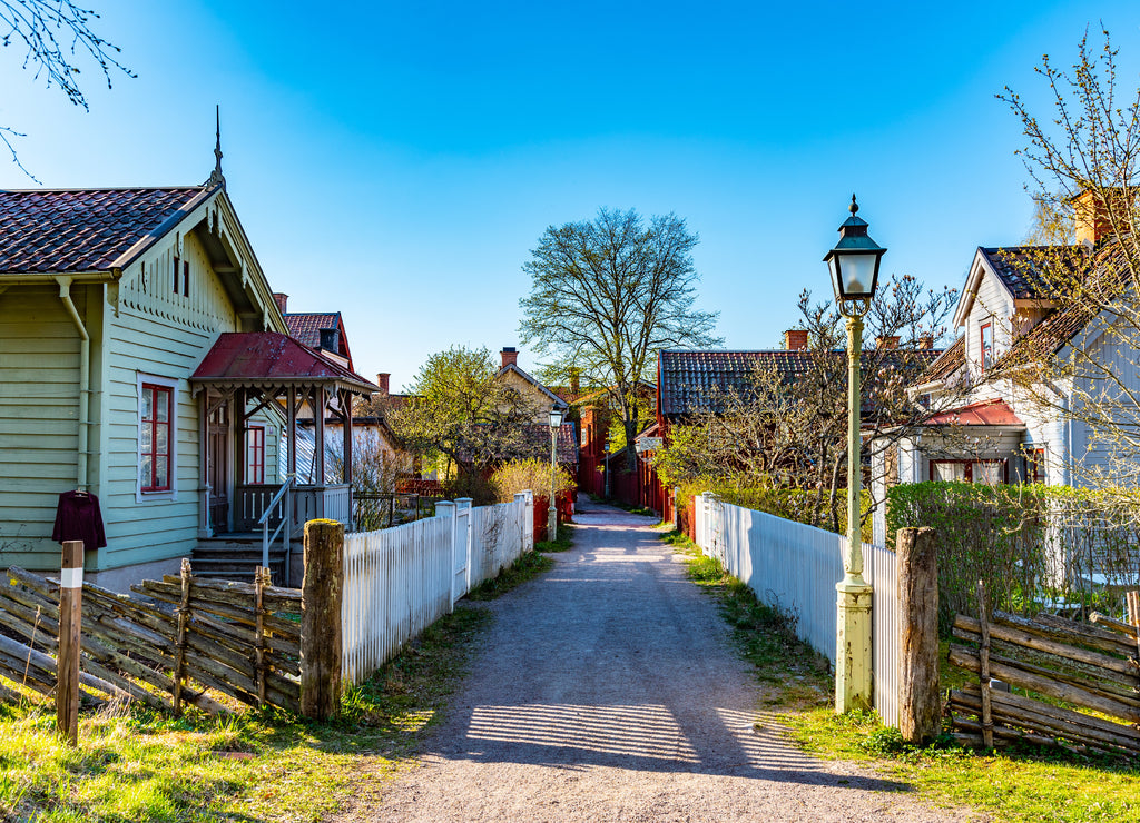View of traditional timber houses in the old town Gamla Linkoping, Sweden