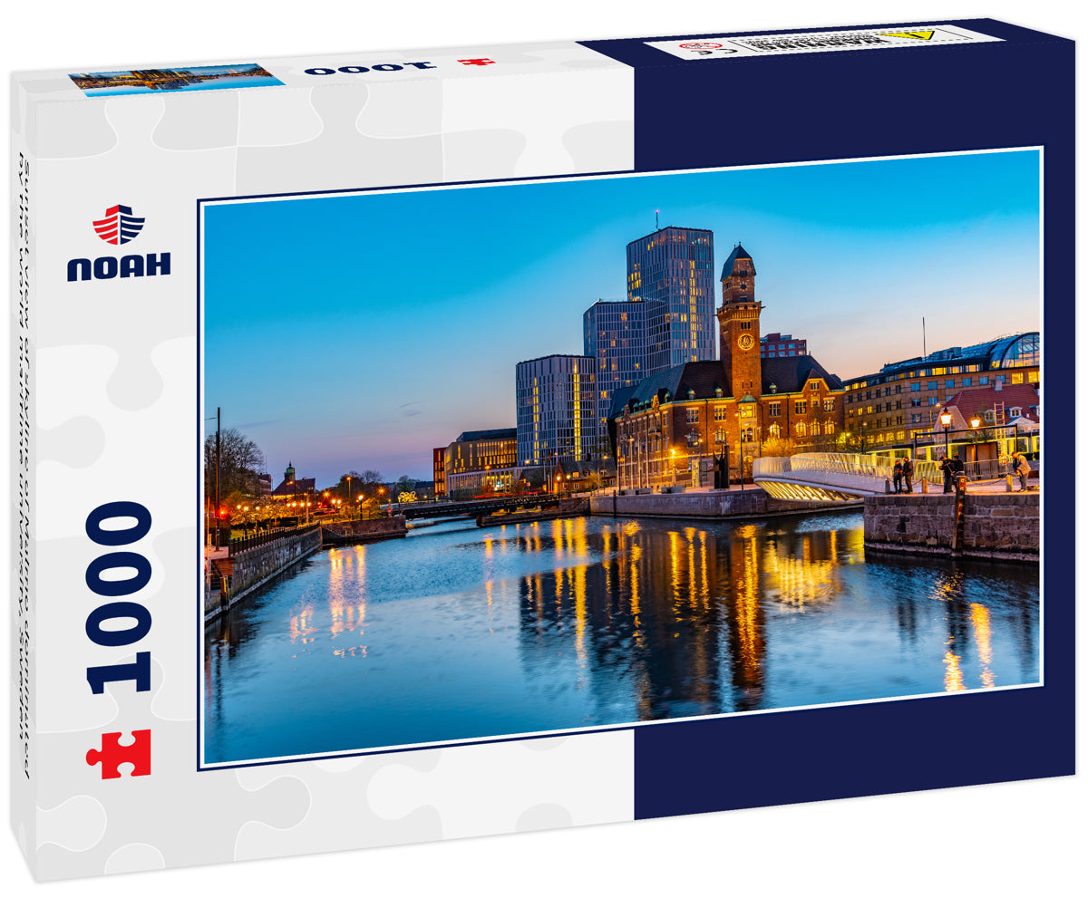 Sunset view of skyline of Malmo dominated by the world maritime university, Sweden