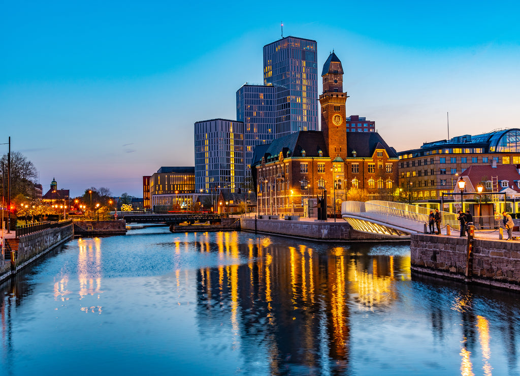 Sunset view of skyline of Malmo dominated by the world maritime university, Sweden