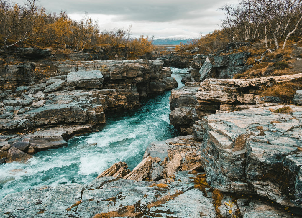 rough river flowing in the canyon of Abisko National Park in polar Sweden in golden autumn against the backdrop of the mountains