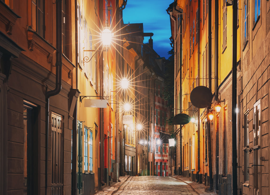 Stockholm, Sweden. Night View Of Traditional Stockholm Street. Residential Area, Cozy Street In Downtown. Baggensgatan Street In Historical District Gamla Stan