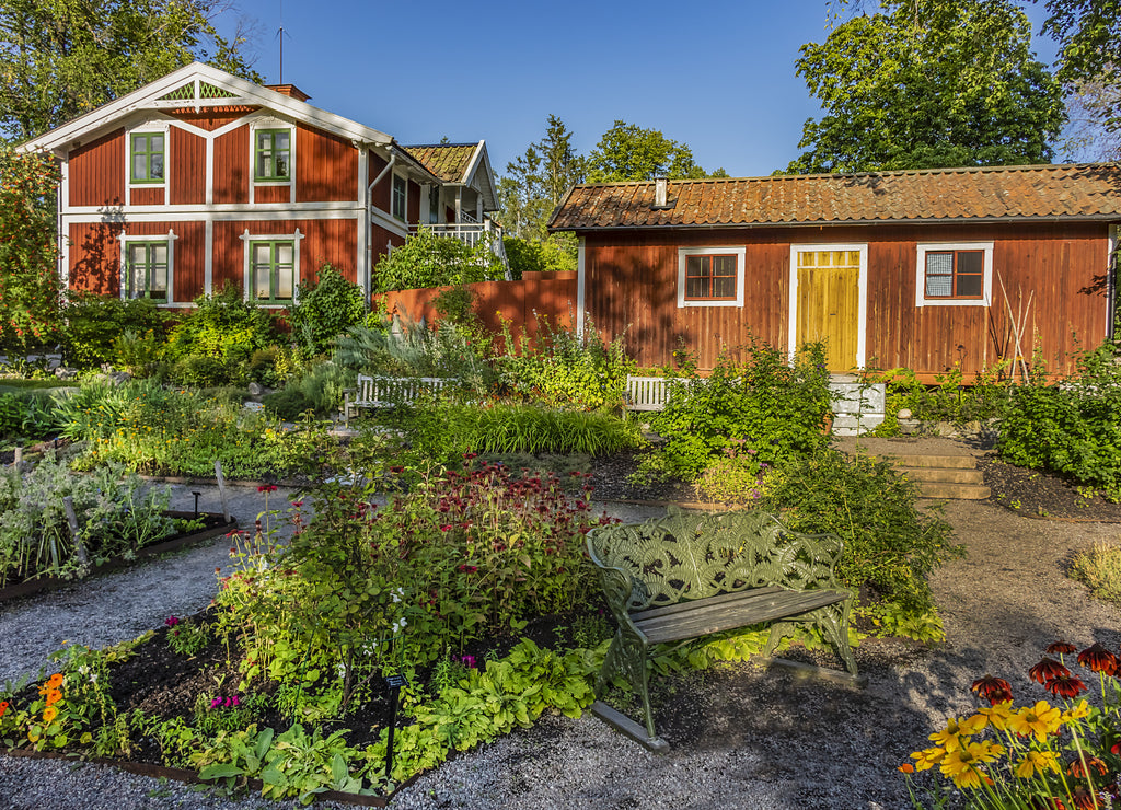 Traditional architecture of old Swedish building at Djurgarden island, historic recreational area. Stockholm, Sweden