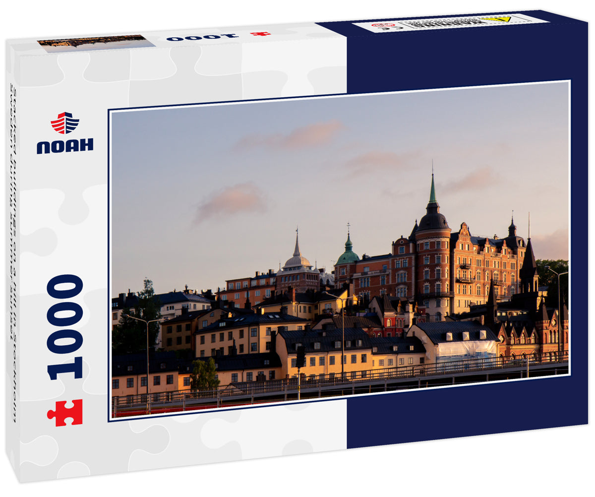 Stacked buildings on a hill in Stockholm Sweden during summer sunset