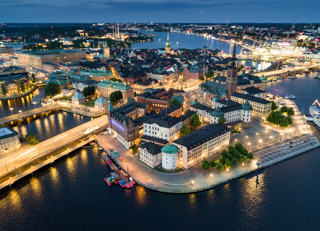 Stockholm old town (Gamla Stan) illuminated cityscape at night in Sweden