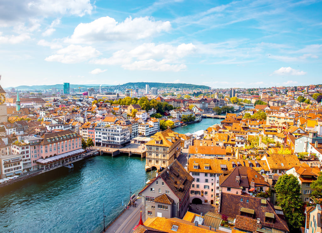 Aerial panoramic cityscape view on the old town of Zurich city in Switzerland