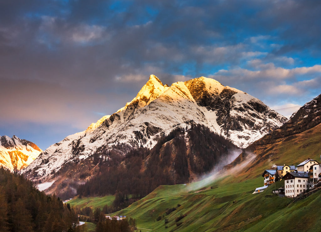 Beautiful morning in ski resort Samnaun in Switzerland, Europe
