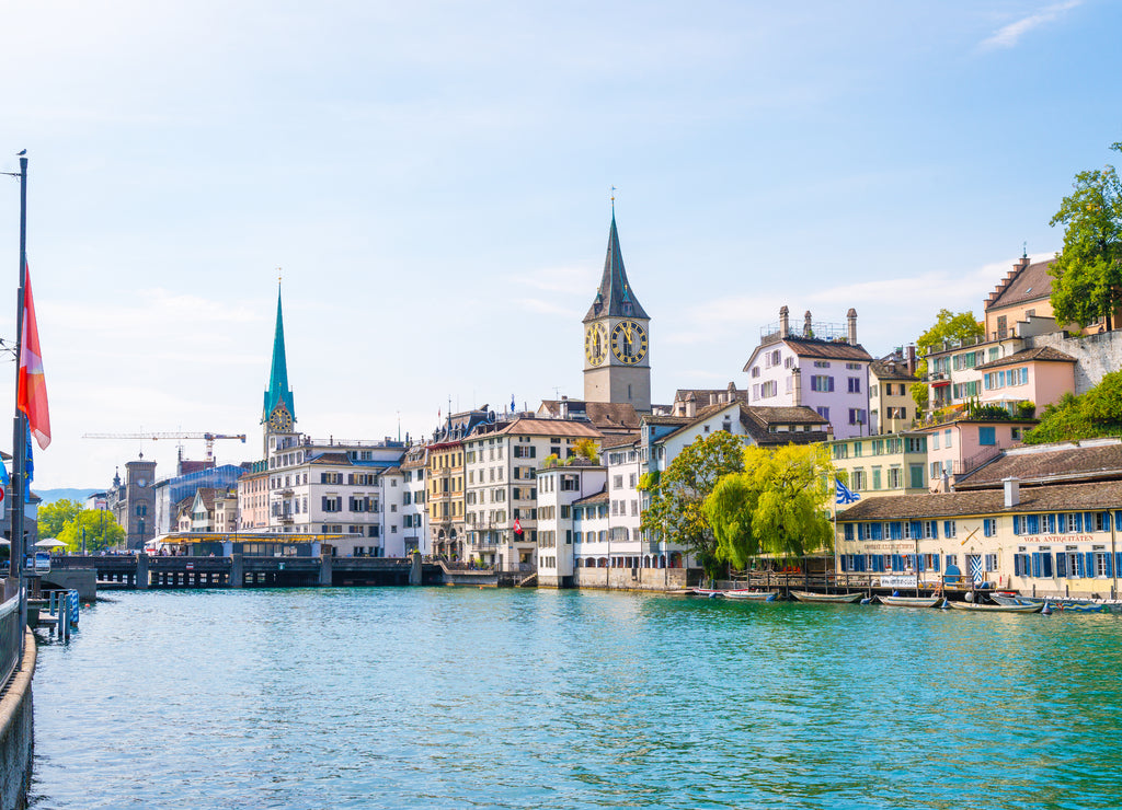 Zurich city center with famous Fraumunster and Grossmunster Churches and river Limmat