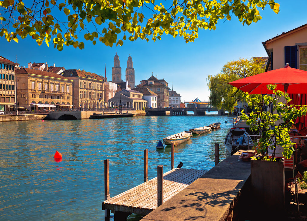 Zurich waterfront landmarks autumn colorful view