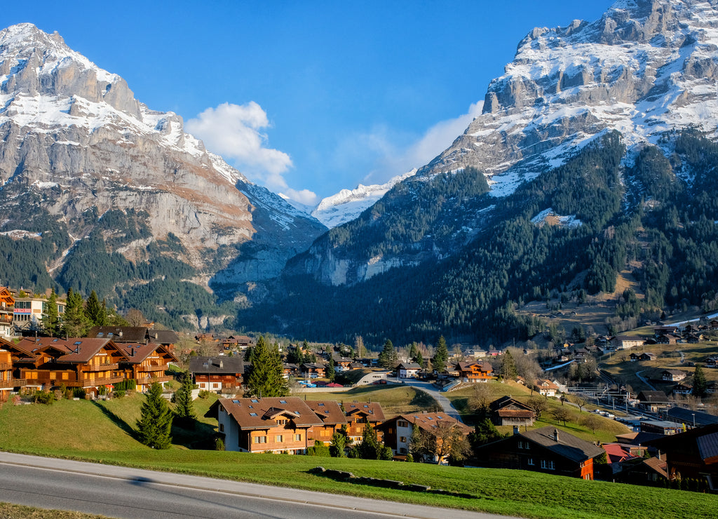 Panoramic view of Grindelwald beautiful village in mountain scenery, Switzerland