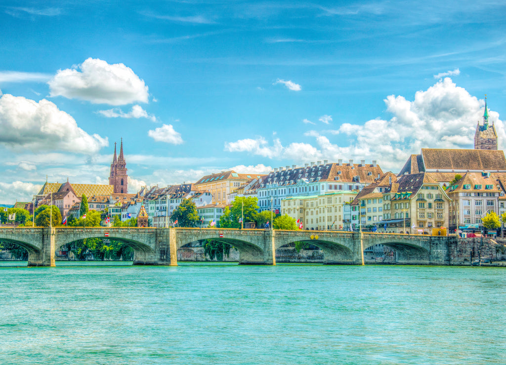 Basler münster and Saint martin church viewed behind the mittlere brücke in Basel, Switzerland