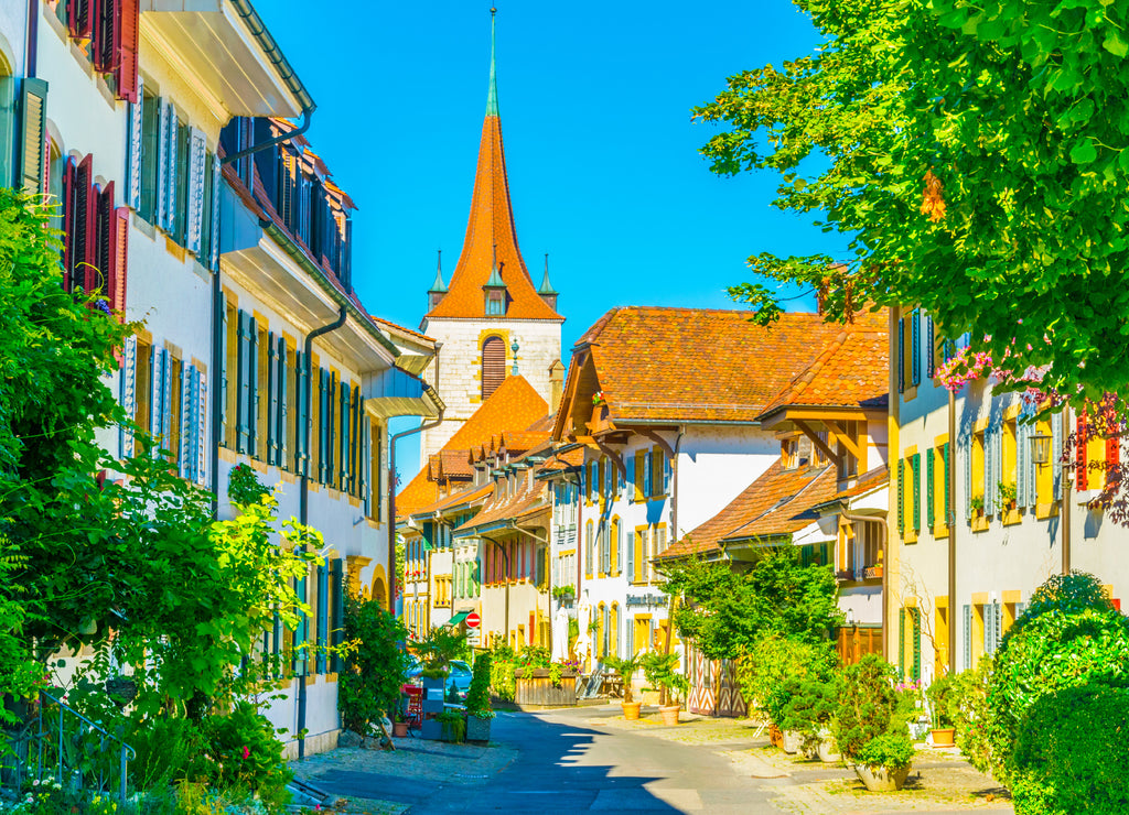 Narrow street in the historical center of Murten, Switzerland