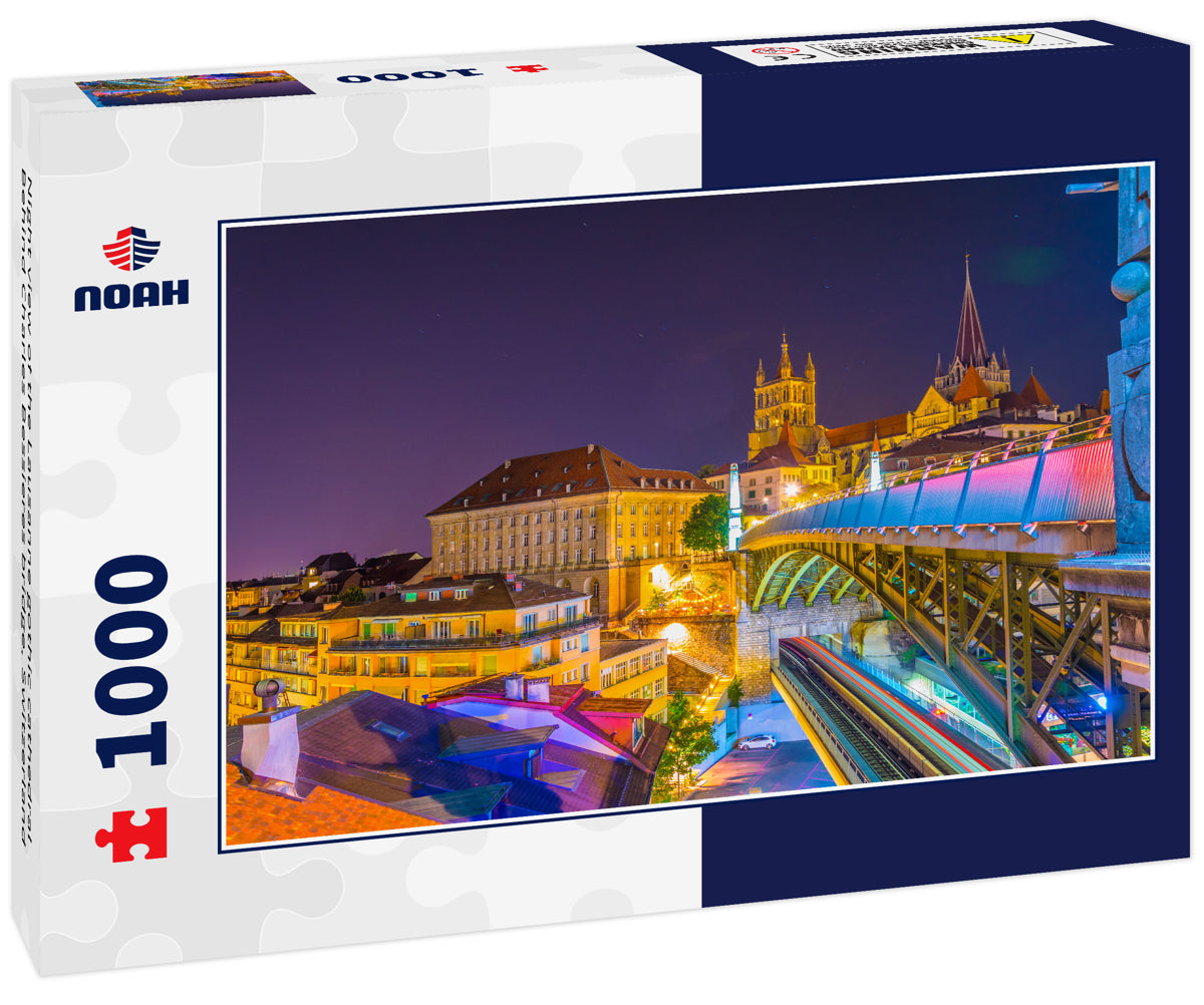 Night view of the Lausanne gothic cathedral Behind Charles Bessieres bridge, Switzerland