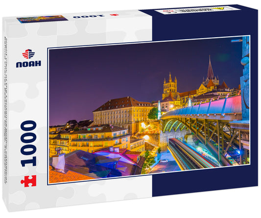 Night view of the Lausanne gothic cathedral Behind Charles Bessieres bridge, Switzerland