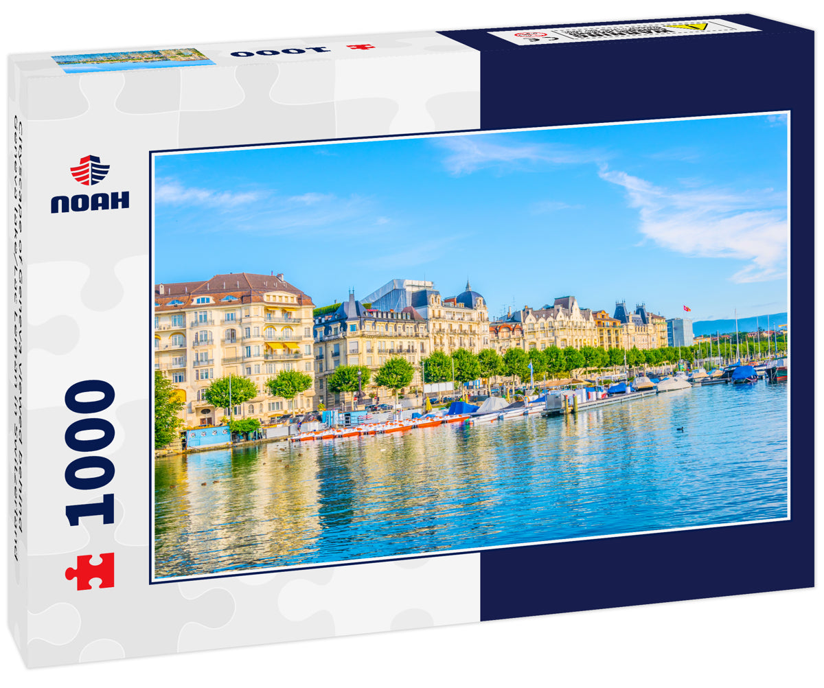 Cityscape of Geneva viewed behind Geneva lake/Lac Leman in Switzerland