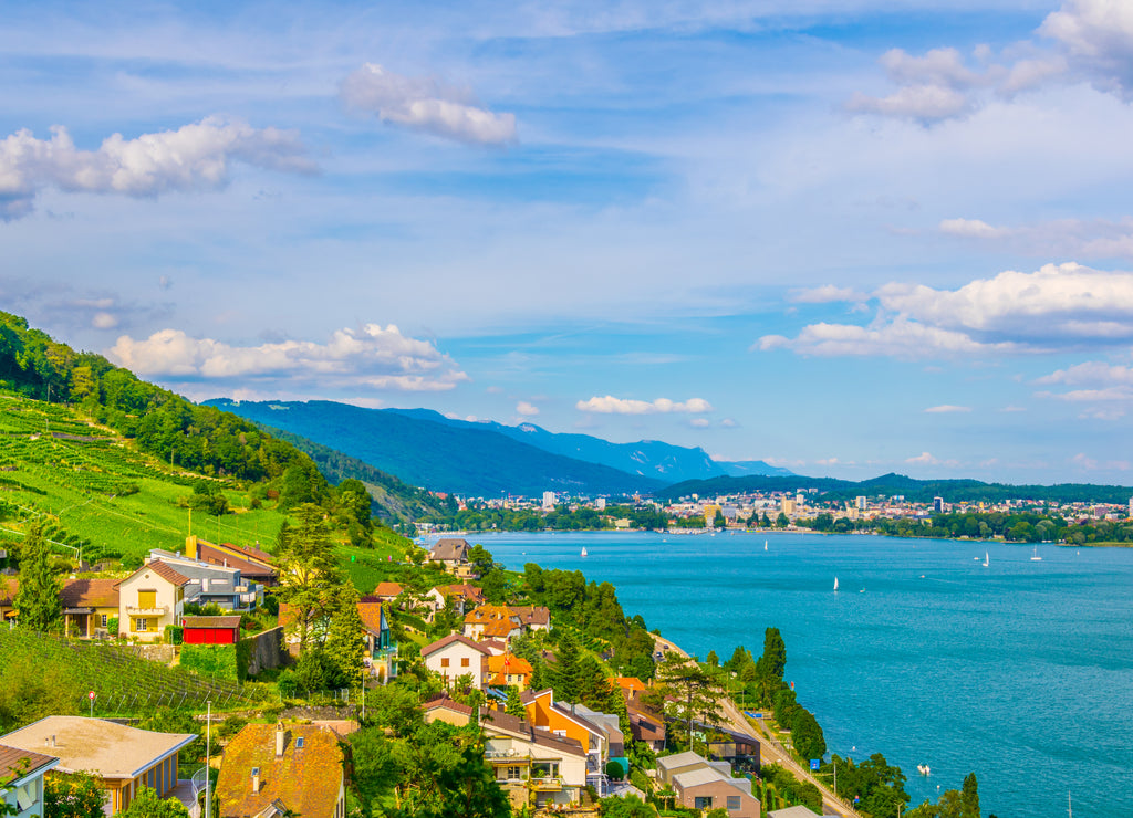 Cityscape of Biel/Bienne behind Bielersee in Switzerland