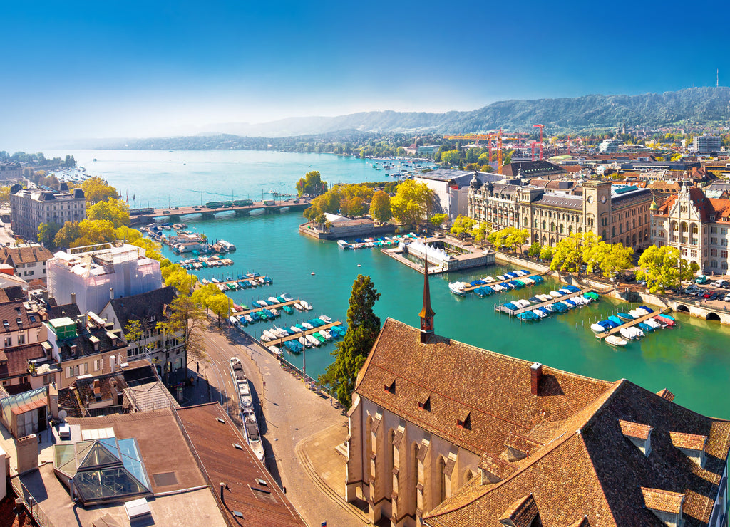 Zurich lake and Limmat river waterfront aerial panoramic view