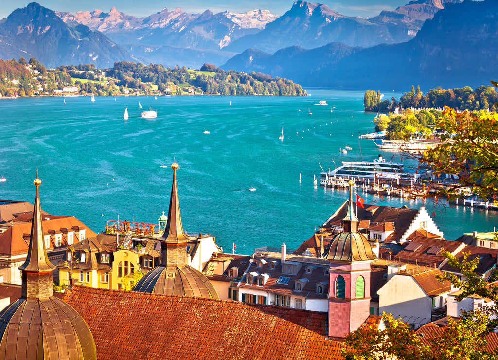 Lake Luzern and Lucerne cityscape with Alps background