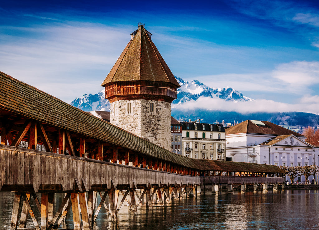Kapellbrucke historic Chapel Bridge and Water Tower landmarks in Lucern, Switzerland