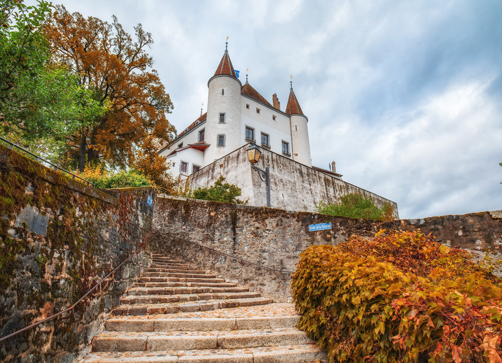 Picturesque view of Nyon Castle, Nyon, Vaud, Switzerland at cloudy autumn day