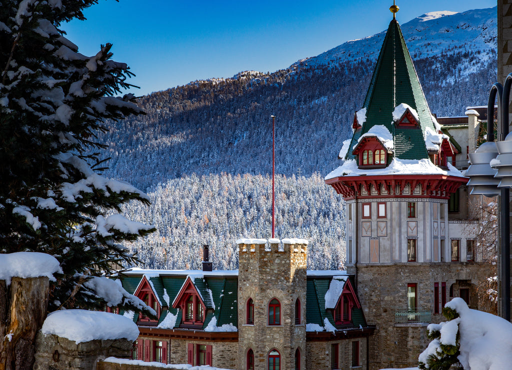 Alpine landscape with castle in the foreground, background of snowy Swiss Alps