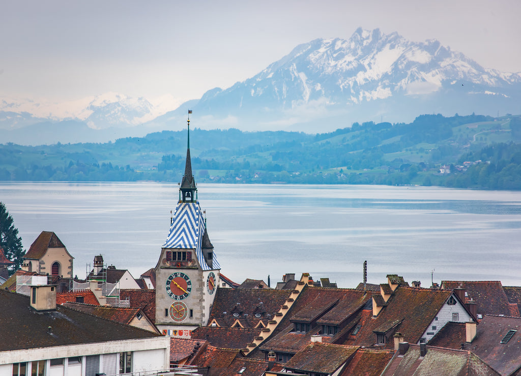 Beautiful panoramic top view on rooftops in the old town of Zug, Switzerland