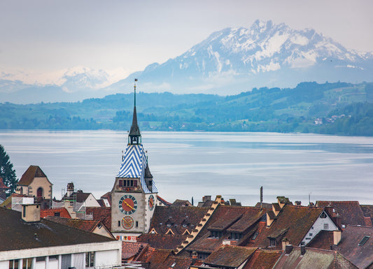 Beautiful panoramic top view on rooftops in the old town of Zug, Switzerland