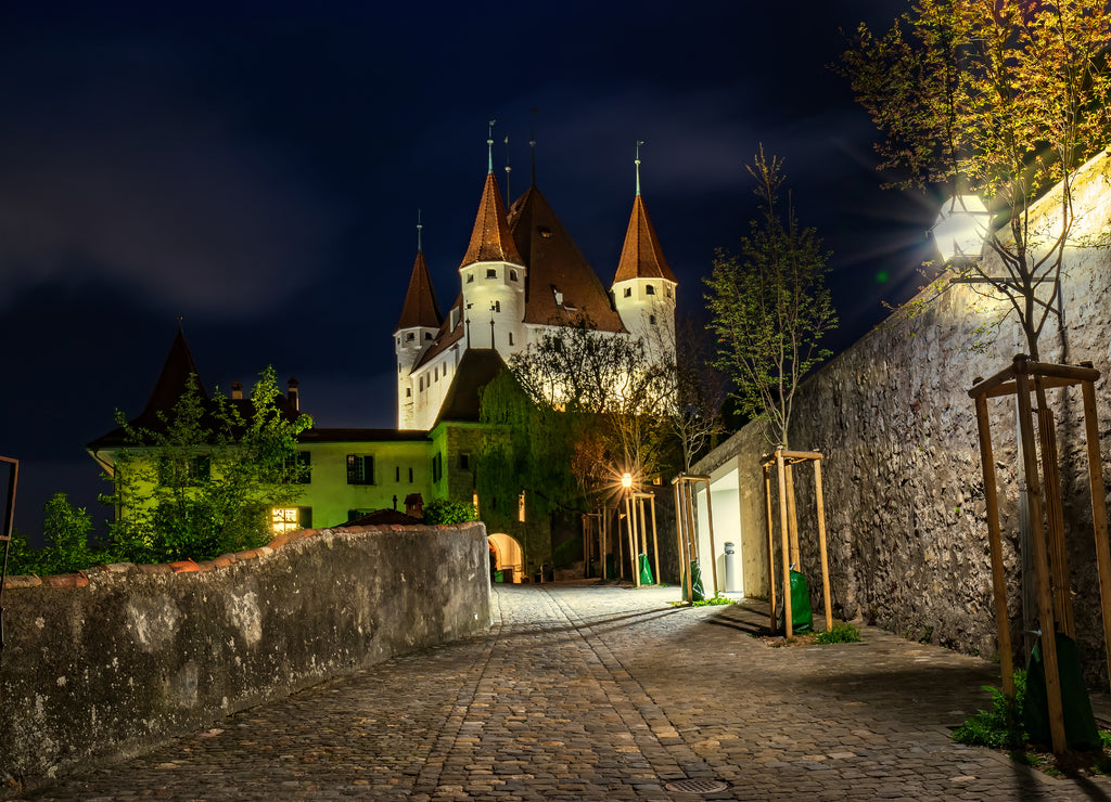 Nightscape of Thun Castle in the city of Thun, Bernese Oberland, Switzerland