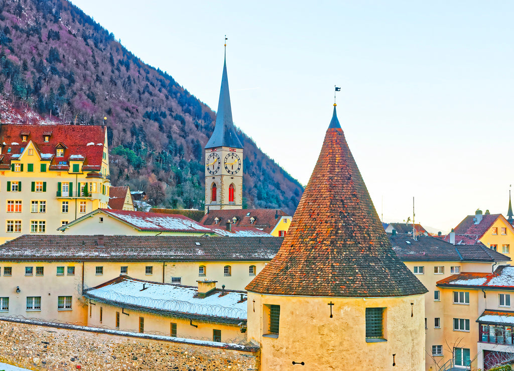 Tower and Church of St Martin in Chur in morning. Chur is the capital of canton Graubunden in Switzerland