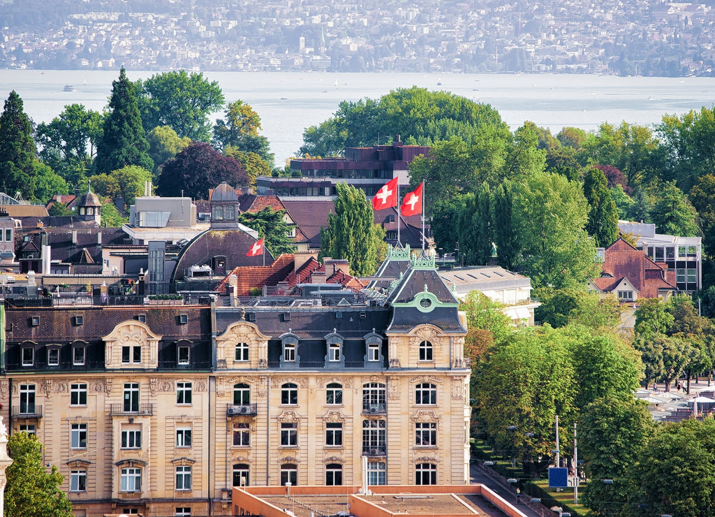 Rooftops view on Zurich city center, Switzerland. Seen from Lindenhof hill