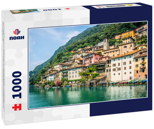 View of Gandria fishermen village with colorful houses on Lake Lugano lakeside on beautiful summer day in Switzerland