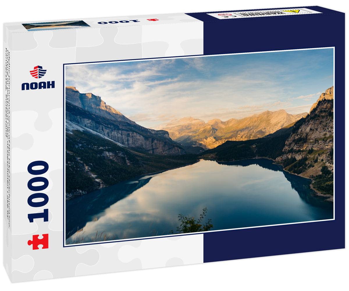 Idyllic panorama view of the lake Oeschinensee. Picture or postcard view of Oeschinen Lake by Kandersteg, Switzerland