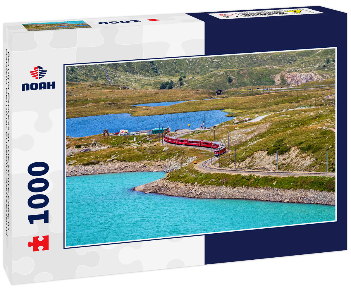 Bernina Express at the White Lake in Ospizio Bernina, Engadin, Switzerland