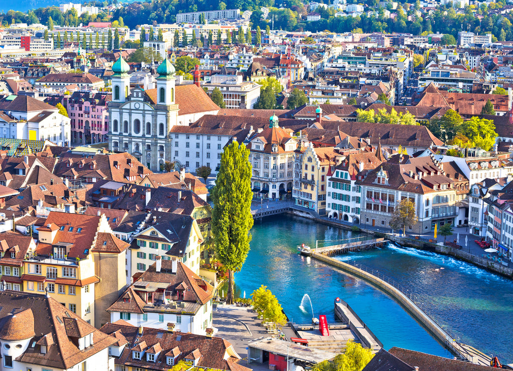 City of Luzern and Reuss river panoramic view