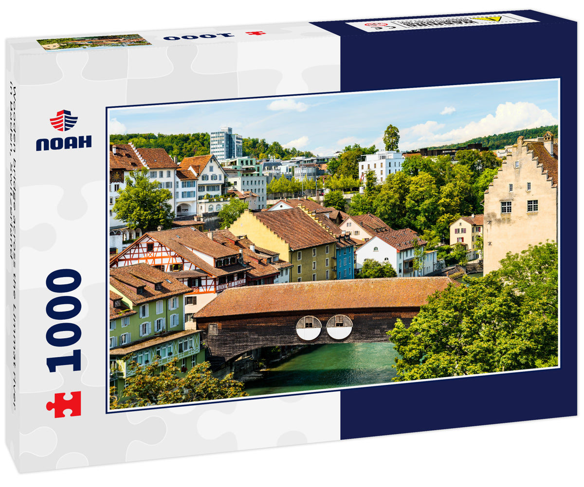 Wooden bridge across the Limmat river in Baden, Switzerland