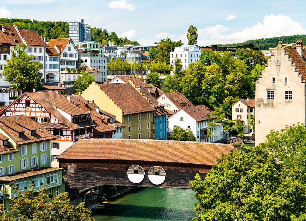 Wooden bridge across the Limmat river in Baden, Switzerland