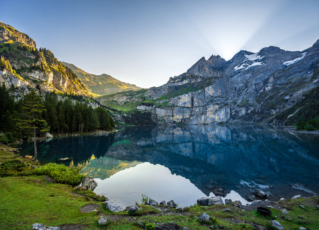 Lake Oeschinensee in the morning during sunrise in Switzerland