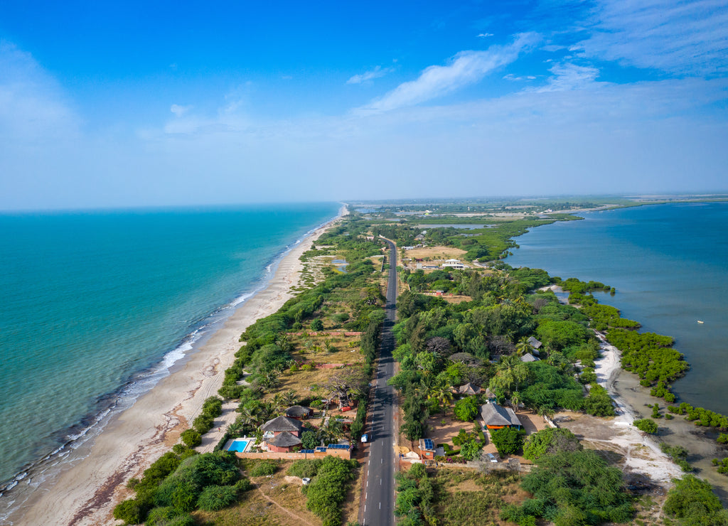 Aerial view of fishing village of Djiffer. Saloum Delta National Park, Joal Fadiout, Senegal. Africa