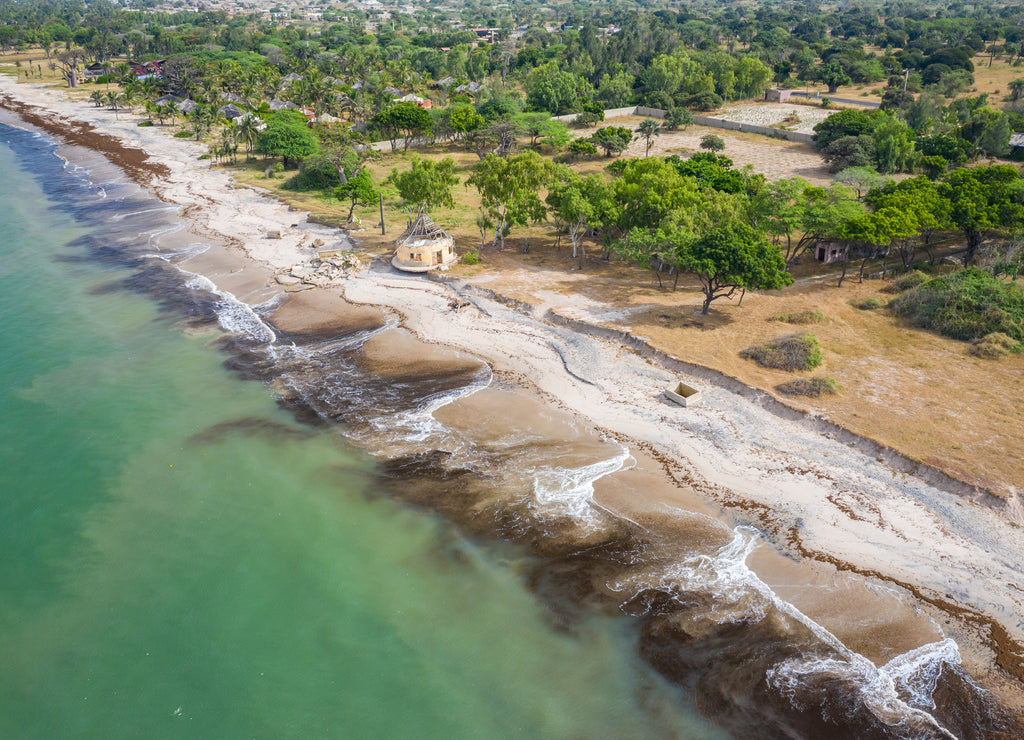 Aerial view of Atlantic coast near Palmarin. Saloum Delta National Park, Joal Fadiout, Senegal. Africa