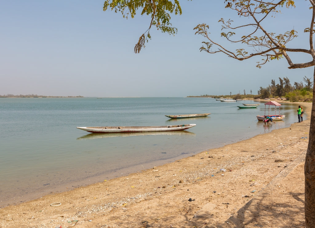 Landscape of a sea and wooden boats surrounded by beaches and greenery in Senegal