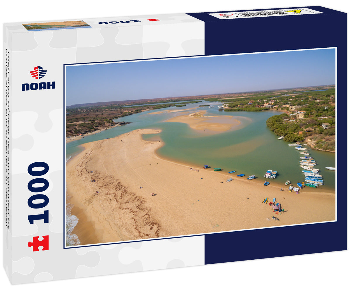 High shot of beaches surrounded by cruise ships and greenery in Senegal