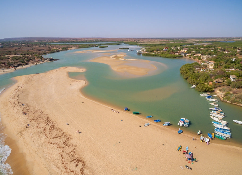 High shot of beaches surrounded by cruise ships and greenery in Senegal