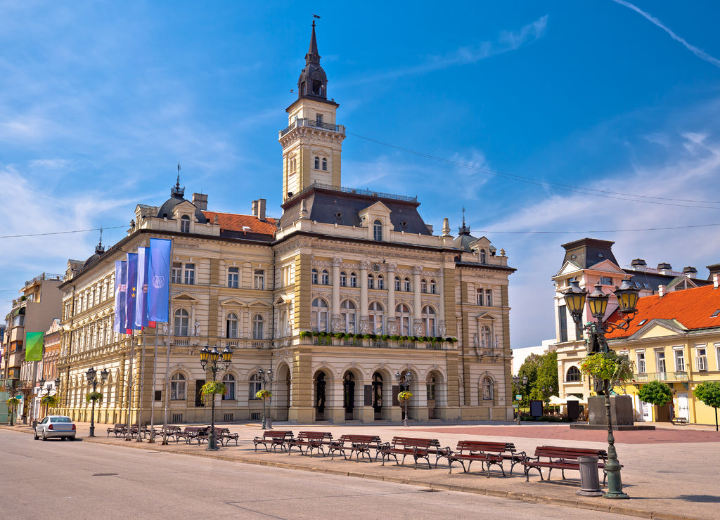 Freedom square in Novi Sad arches and architecture view