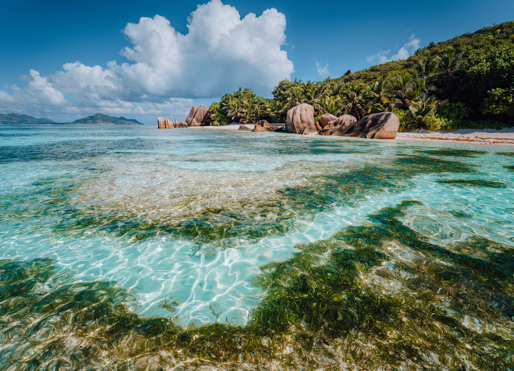Famous tropical beach Anse Source d'Argent with granite boulders, La Digue Island, Seychelles