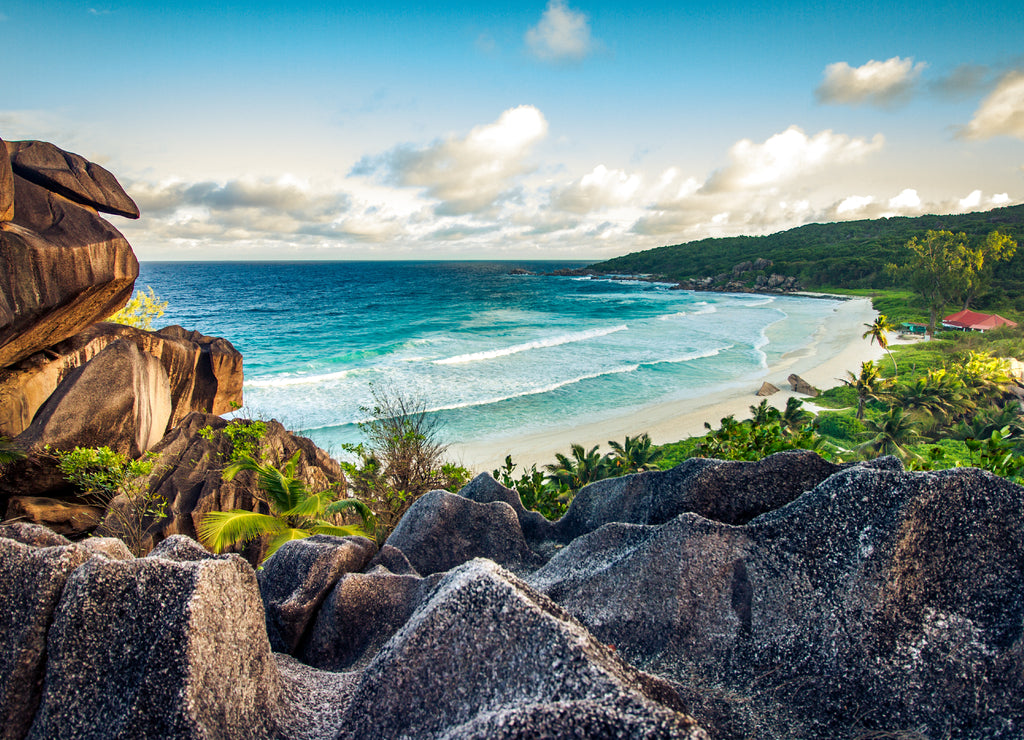 Amazing view at Grande Anse beach located on La Digue Island, Seychelles