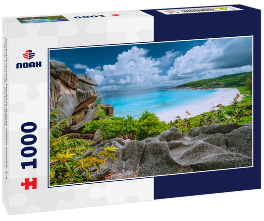 Grand Anse beach from view point. La Digue island, Seychelles