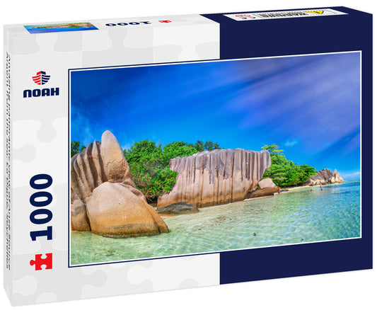 Amazing panoramic view of Anse Source Argent from the sea. La Digue, Seychelles