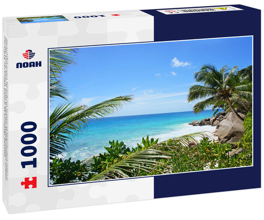 Beautiful palm beach on tropical Seychelles island. White sand beach with trees on shore Indian ocean. Paradise secluded beach at summer season