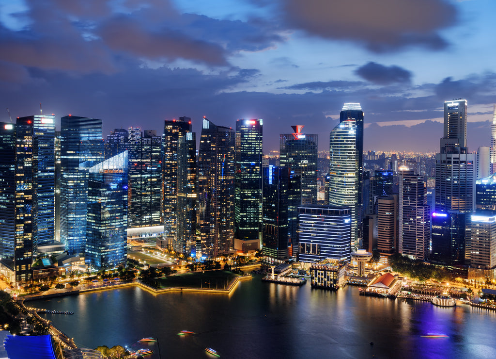 Amazing night view of skyscrapers at downtown of Singapore