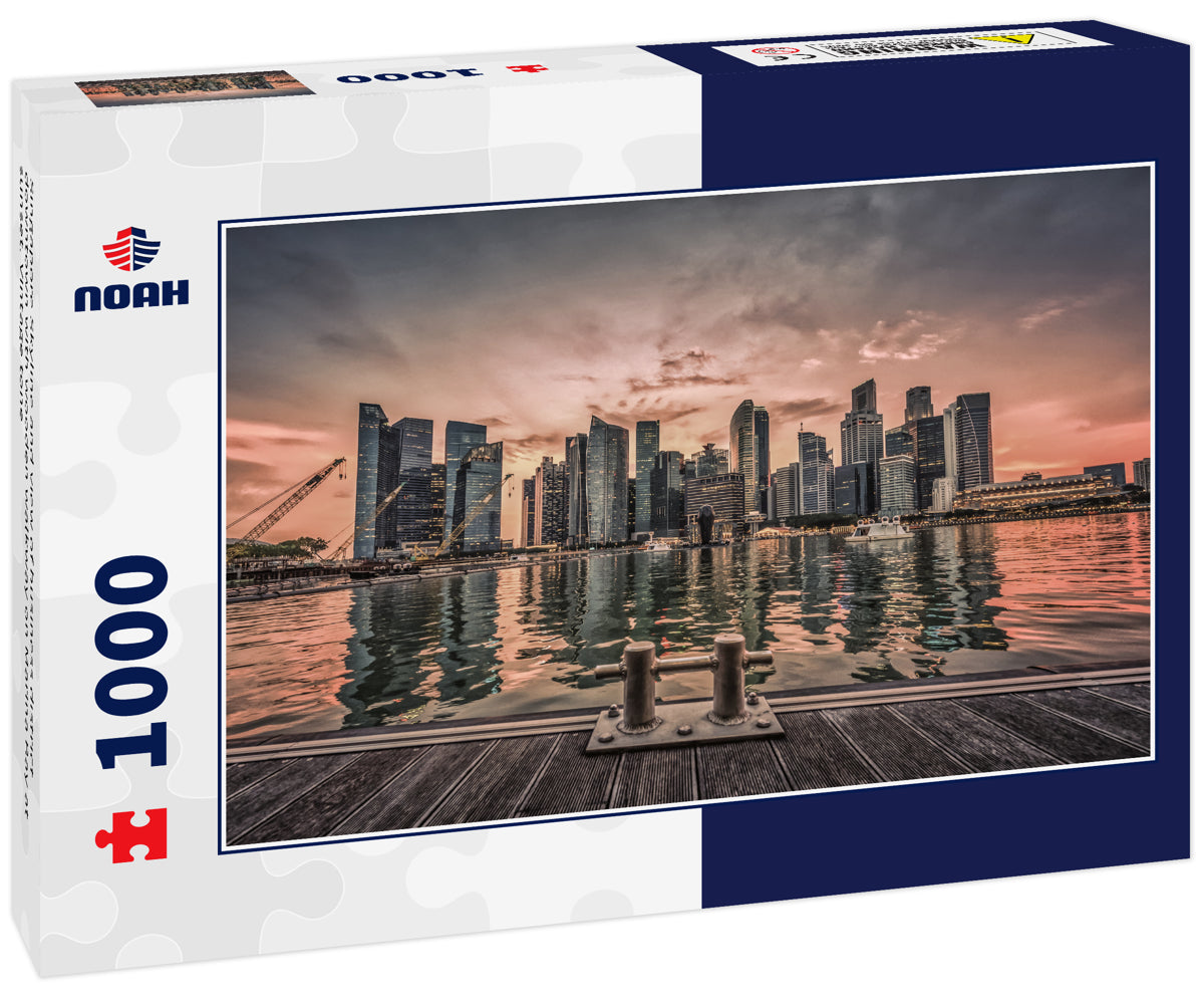Singapore Skyline and view of business district downtown with wooden walkway on Marina Bay at sunset. Vintage tone